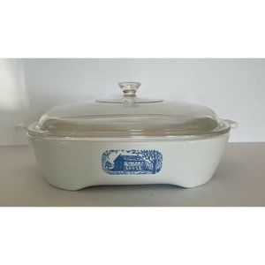 Vintage Corning Ware Amana Browning Skillet Blue Colonial House 9 1/2"-Pyrex Lid